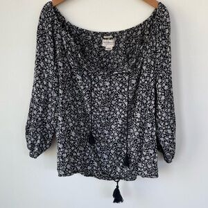Denim & Supply Ralph Lauren Black and White Floral Boho Peasant Top L Large
